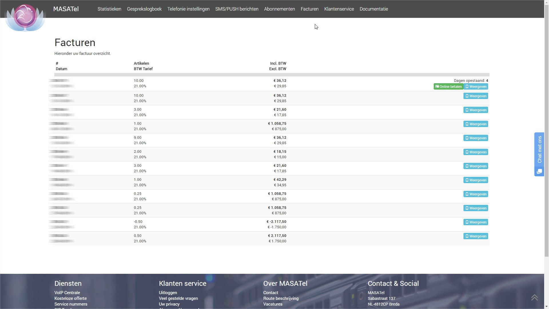 MASATel facturatie overzicht